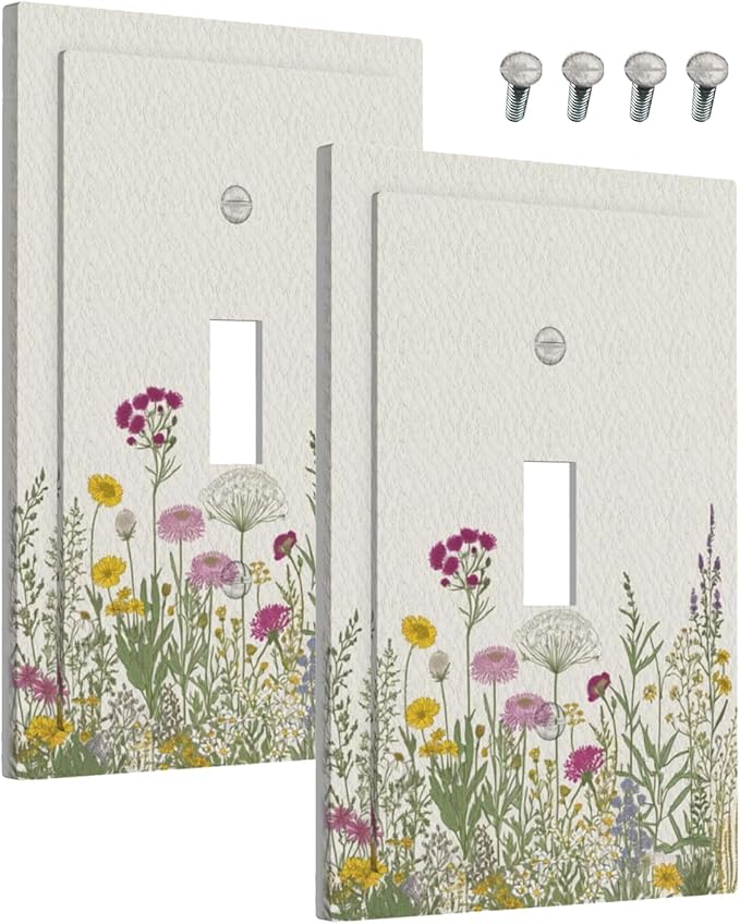 Decorative Light Switch Cover Wildflower Botanical Plant Herbs Flower 1 Gang Wall Plate Cover Single Toggle Outlet Covers Switchplate Electrical Faceplate for Bathroom Livingroom Decor（2 Pack）
