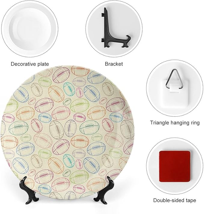 Ceramic Plates, American Football Decorative Ceramic Plates, Grunge Looking Hand Drawn Sports Sketch, 7 Inch, Household Plates Decorative, Multicolor