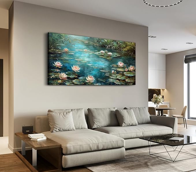 ADJUVANT Wall Art Impressionist Water Lily Pond 40" L x 20" W, Lotus Flower Canvas Painting Nature Artwork Green Water and Pink Blooms Prints Wall Decor for Living Room Bedroom Study Home Office