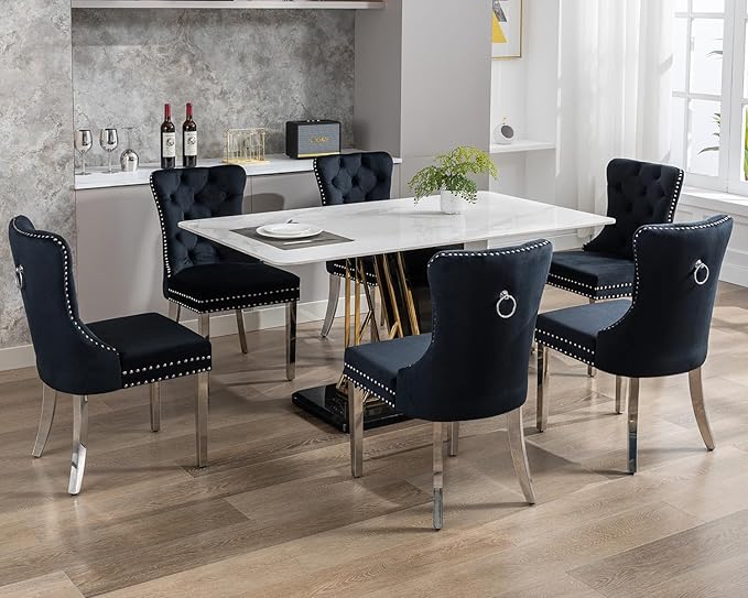KCC Velvet Dining Chairs Set of 6, Upholstered High-end Tufted Dining Room Chair with Nailhead Back Ring Pull Trim Stainless Steel Legs, Contemporary Nikki Collection Modern Style for Kitchen, Black