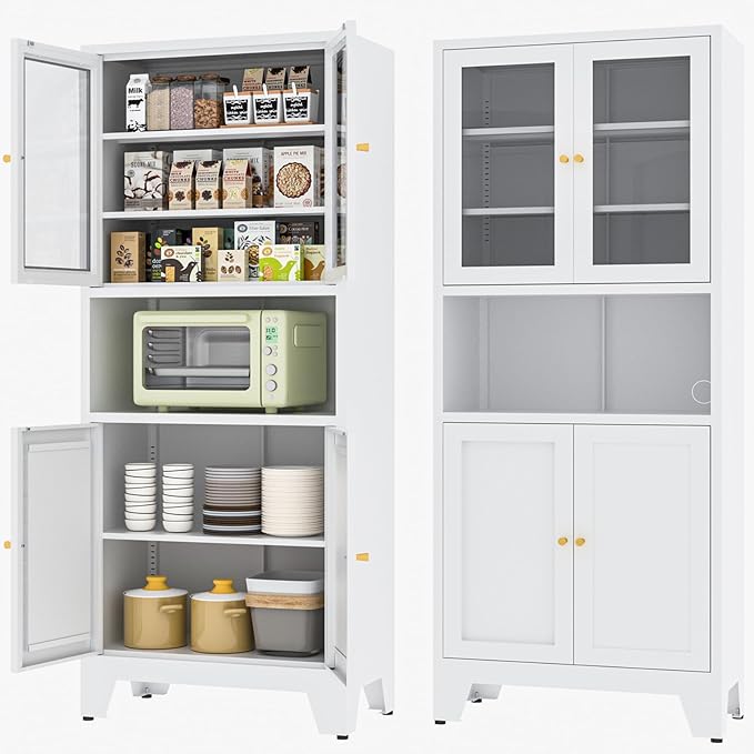 Metal Pantry Storage Cabinet with 2 Glass Doors, 69" Tall Kitchen Pantry Cabinet with 4 Doors & 3 Adjustable Shelves, Microwave Stand for Kitchen, Dining Room, Living Room (1PC,White)