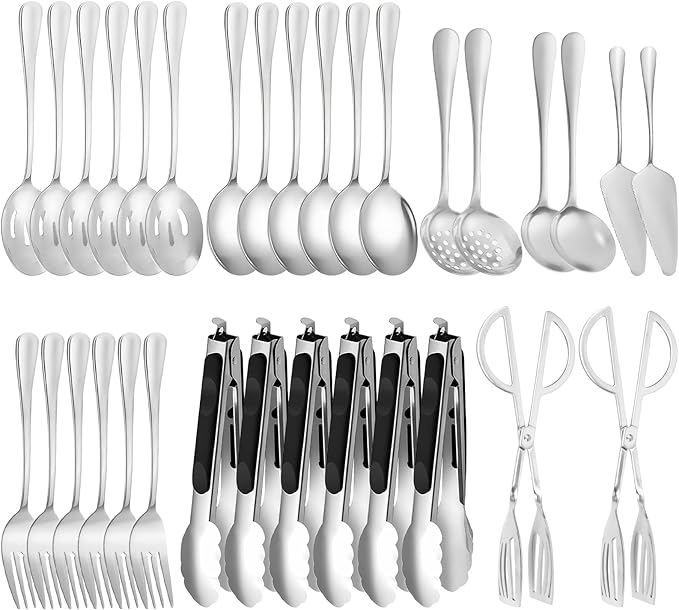 32Pcs Serving Utensils Set Serving Spoons, Buffet Tongs, Cake Spatula, Forks, Perforated Ladles, Soup Scoops, Skimmers and Black Heavy-Duty Serving Tongs (Silver)
