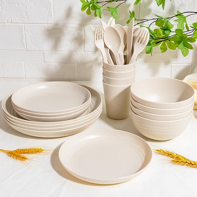 LIYH 24 Pcs Beige Plastic Wheat Straw Dinnerware Sets - Reusable Unbreakable Wheat Straw Bowls & Plates Dinner Set, Dishwasher Safe Plates Bowls Cups for Party Dish Set for 6 Kitchen & Camping