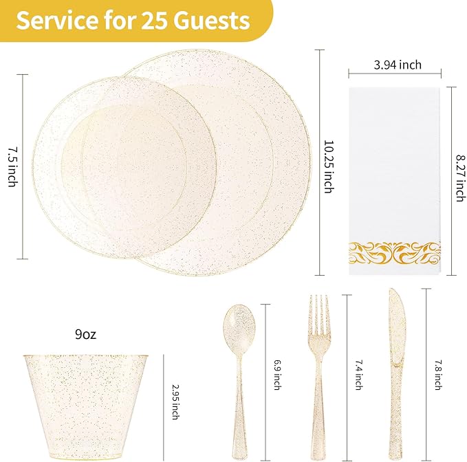 Goodluck 175 Piece Dinnerware Set for 25 Guests, Plastic Plates Disposable for Party, Include: 50 Gold Glitter Plastic Plates, 25 Paper Napkins, 25 Cups, 25 Gold Glitter Silverware Set