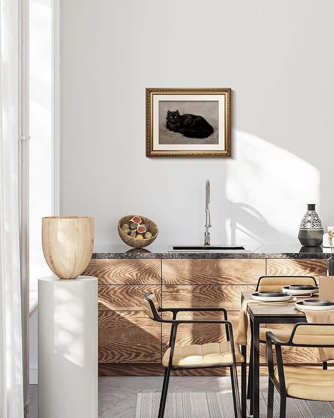 InSimSea Gold Picture Framed Wall Art, Living Room Vintage Black Cat Bathroom Wall Decor, Animal Canvas Print Art, Classical Home Farmhouse Decor, Antique Paintings with Frame 13x16inch