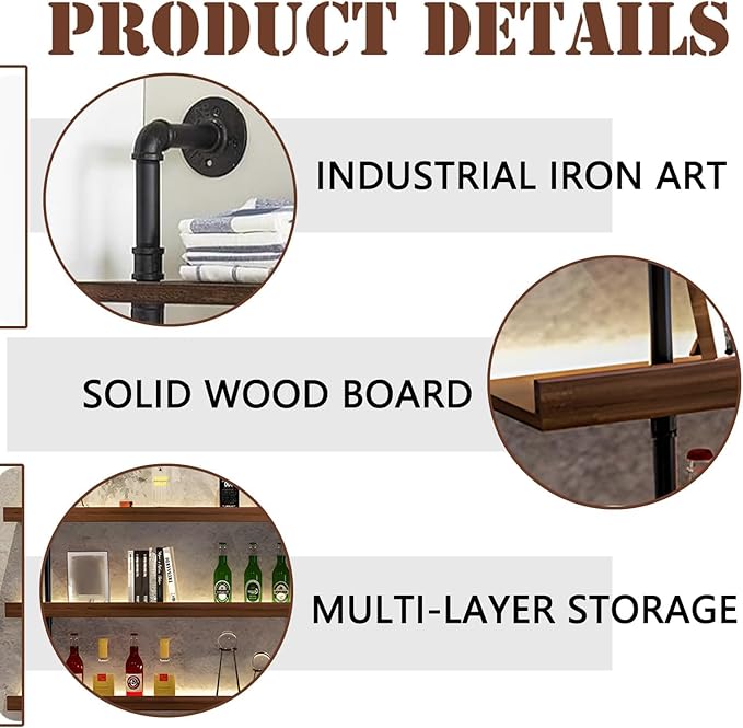 Large Wine Rack with LED Light Solid Wood Wall Mounted Wine Rack, 3-Tiers Liquor Bottles Floating Shelves Display Storage Organizer for Home Bar & Dining Room (80cm/31.4in)