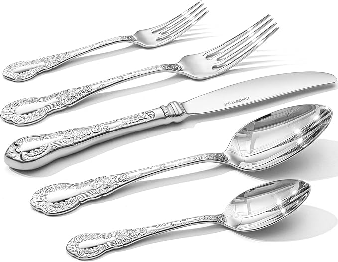 KINGSTONE Vintage Carved Silverware Set, 10-Piece 18/10 Stainless Steel Flatware Cutlery Set with Retro Royal Thick Handle, Tableware Utensils for Home, Restaurant, party, Wedding, Dishwasher Safe