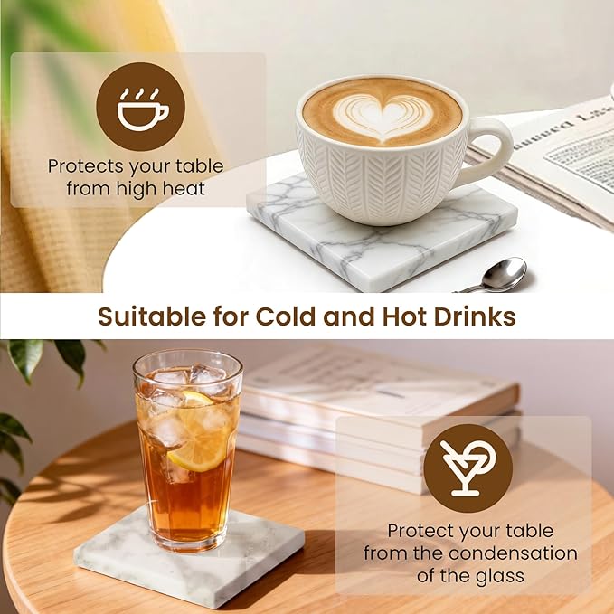 Natural Marble Coasters, Square Costers, Luxury Aesthetic Modern Decor for Coffee Table Bar Kitchen Home, White Marble, Real Natural Semi Absorbent Stone Coasters