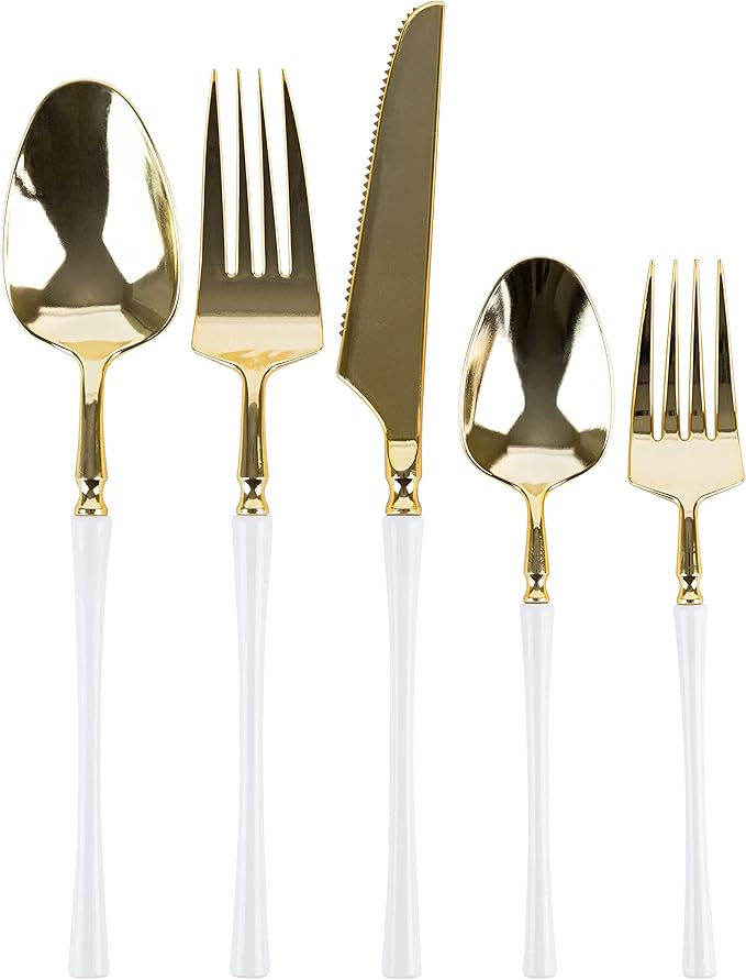 PlasticPro 20 Count Gold and White Plastic Tea Spoons Premium Quality Heavy Duty Disposable Elegant Silverware Two Tone Tea Spoons for Party