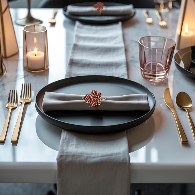 Decozen Set of 16 Red Gold Napkin Rings in Leaf Design, Festive, Table Decor Setting for Holiday, Wedding, Birthday, Kitchen, Home Decor, Housewarming Gift - Thanksgiving & Christmas Gift Decoration