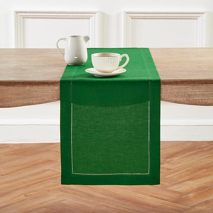 Solino Home Linen Table Runner 48 Inches - 100% Pure Linen Garden Green Hemstitch Table Runner 14 x 48 Inch Ideal for Dresser and Coffee Tables - Classic Hemstitch - Winter, St Patricks Day, Easter