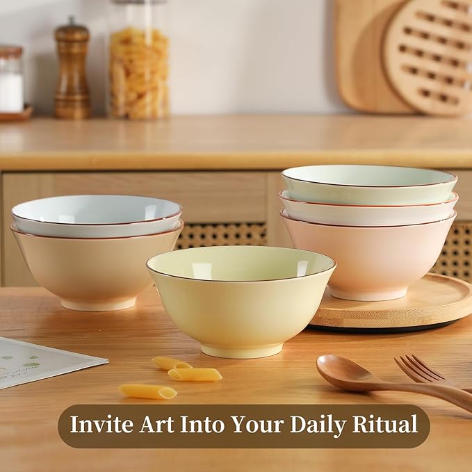 Ceramic Cereal Bowl Set of 6 - Porcelain Soup Bowls with Candy Hue - 6.25 Inch Ideal for Salad, Oatmeal, Ramen, Noodle - Microwave and Dishwasher Safe - 23 OZ