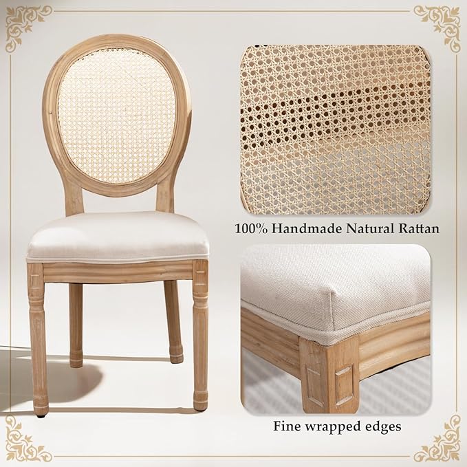 SoarFlash French Dining Chairs Set of 6, Vantage Dining Chair with Round Back, Farmhouse Country Rattan Dining Chair for Kitchen,Bedroom,Beige
