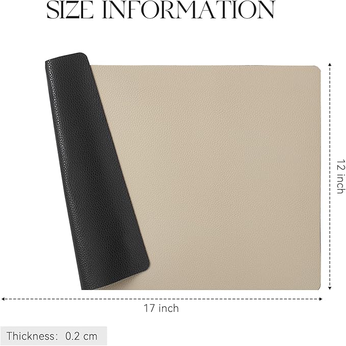 MOSAYT Vinyl Placemats Set of 6, Heat Resistant Place Mats 100% Waterproof Washable & Wipeable Faux Leather Reversible Table Mats for Kitchen Dining Party Indoor Outdoor, 12" x 17", Black/Khaki