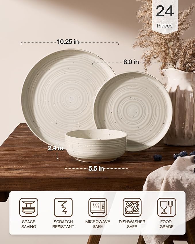 Stoneware Dinnerware Set, Highly Chip and Scratch Resistant Everyday Plates and Bowls for 8 (24pcs), Reactive Glaze Speckled Ceramic Flared Dishes with Gift Box, Microwave Dishwasher Safe, Shell Beige