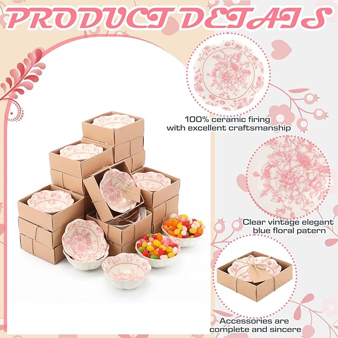 24 Pcs Wedding Favors for Guests Small Ceramic Bowl Bulk Gifts Set 3.3 Inch Floral Design Mini Dipping Sauce Dish with Card Box for Bridal Pooja Baby Shower Birthday Guest Gift (Pink)