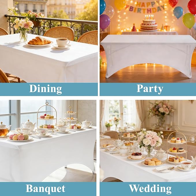 VidaFete Spandex Tablecloth 6 Pack 8FT, Fitted Stretch Table Cover for Rectangle Tables, Wrinkle Resistant and Washable Tablecloths for Outdoor, Picnic, Party, Wedding, Banquet, Birthday, White