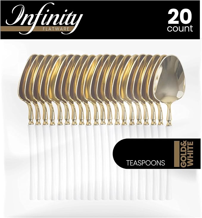 PlasticPro 20 Count Gold and White Plastic Tea Spoons Premium Quality Heavy Duty Disposable Elegant Silverware Two Tone Tea Spoons for Party