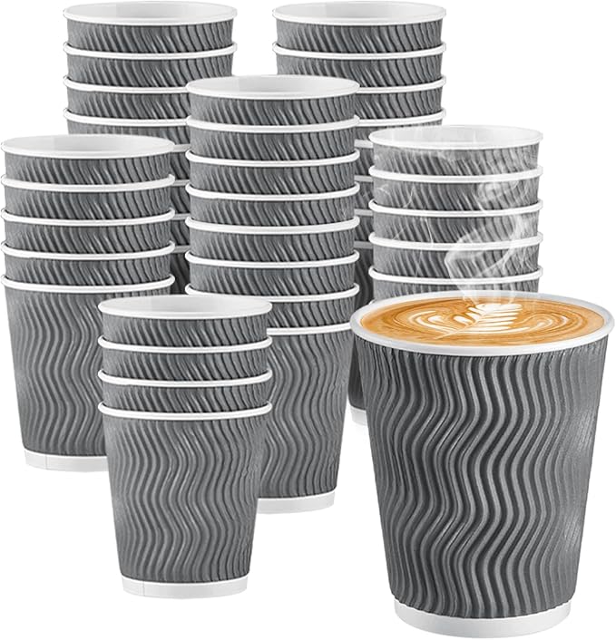 Coffee Cups 10 oz 120 Pack, Corrugated Insulated Ripple Wall Disposable Paper Coffee Cups 10oz, To Go for Hot Beverage or Cold Drinks Office/Home/Cafe/Party/Travel (Grey)