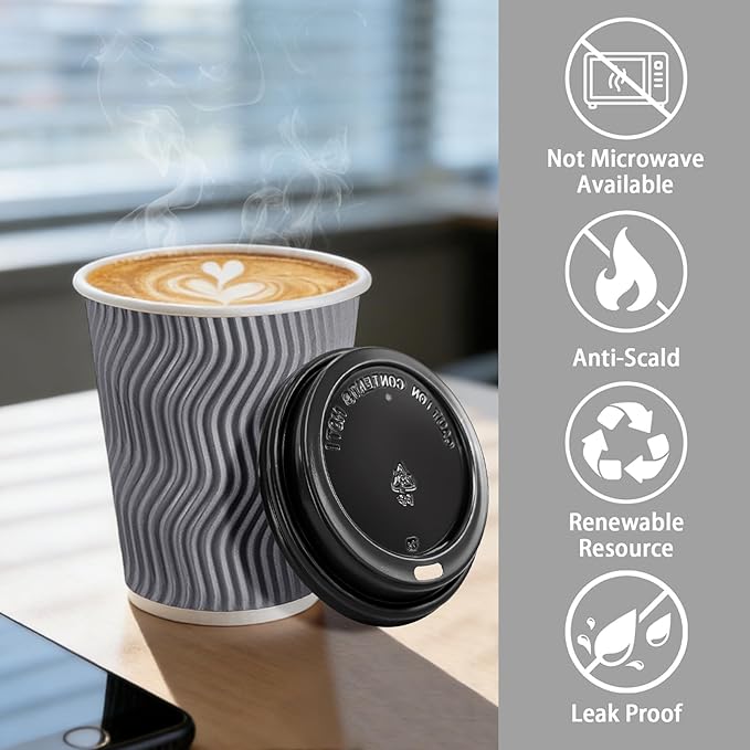 500 Pack 12 oz Coffee Cups with Lids, Disposable Insulated Hot Cups To Go Paper Coffee Cups, Corrugated Ripple Wall Cup for Hot Drink, Office, Coffee Bar (Grey 12 oz)