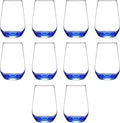DISCOUNT PROMOS 10 Vaso Silicia Stemless Wine Glasses Set, 16 oz. - Clear, Orb-Like, Thick base - Blue