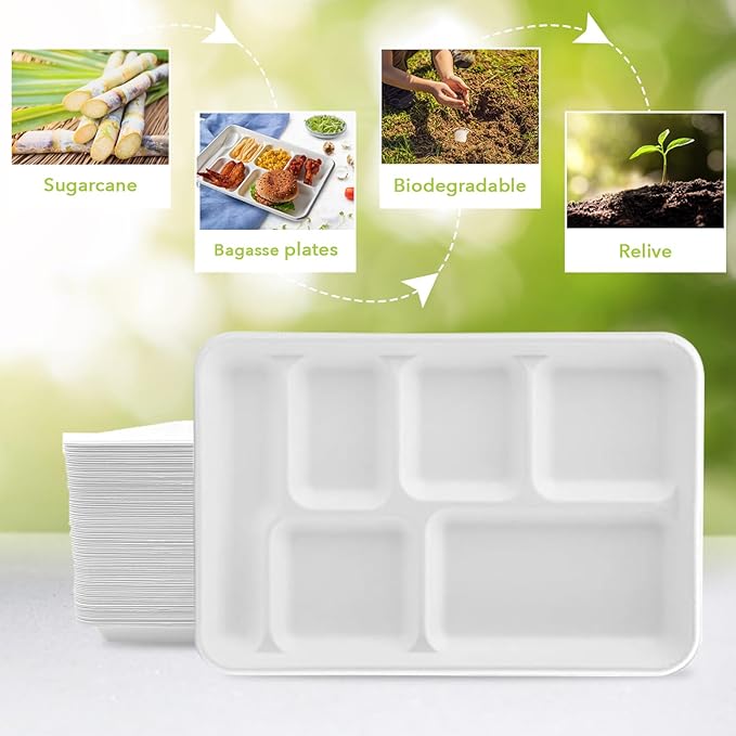 three leaf 6 COMPARTMENT BAGASSE TRAY 150 Ct. Heavy-Duty- Super Strong- Natural- Eco-Friendly Disposable Bagasse Plates, 100% Biodegradable 6 Compartment meal Plates