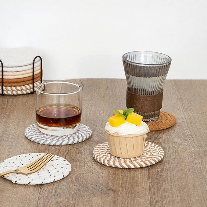 8 Pcs Drink Coasters with Holder, Handwoven Cotton Coasters Set Stackable Absorbent Minimalist Home Decor for Table, Cup, Mug (Pink)