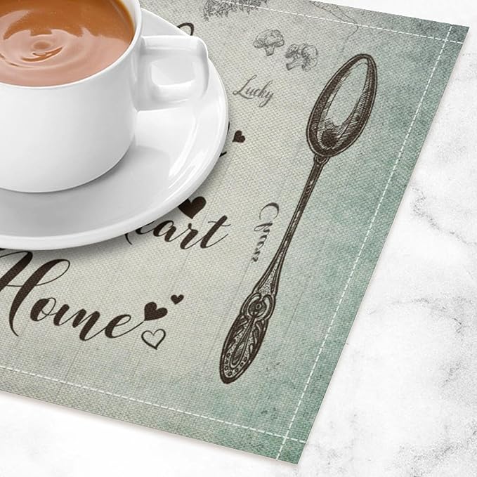 Retro Farmhouse Placemat Set, Minimal Green Gradient Rustic Plank Art Sketch Cutlery Knife Fork Inspirational Quotes Pattern Home Decor Linen Table Mats for Dining Room Kitchen Party (17x12in) x6P