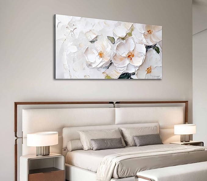 ADJUVANT Wall Art Impressionist Minimalist White Floral 40"L x 20"W, White Flowers With Subtle Tones Canvas Painting Delicate Petals Artwork Floral Wall Decor for Living Room Bedroom Bathroom Home Office