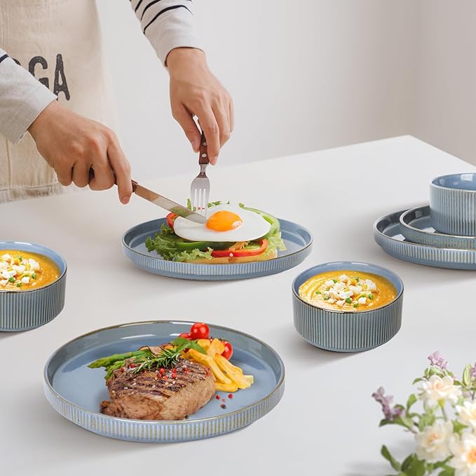 Romswi Stoneware Dinnerware Sets 18Pcs, Ceramic Plates and Bowls Set for 6, Chip & Scratch Resistant Ribbed Dish Set, Handmade Reactive Glaze, Oven, Microwave & Dishwasher Safe, Gray Blue