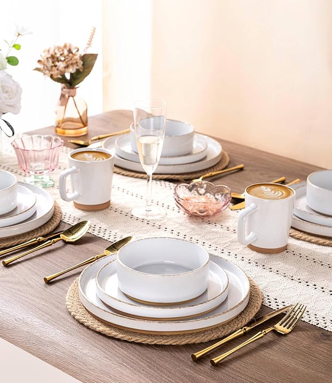 AmorArc Ceramic Dinnerware Sets for 8, 24 Pieces Handpainted Plates and Bowls Set with Rustic Terracotta Underside, Scratch Resistant Stoneware Dishes Set, Dishwasher & Microwave Safe