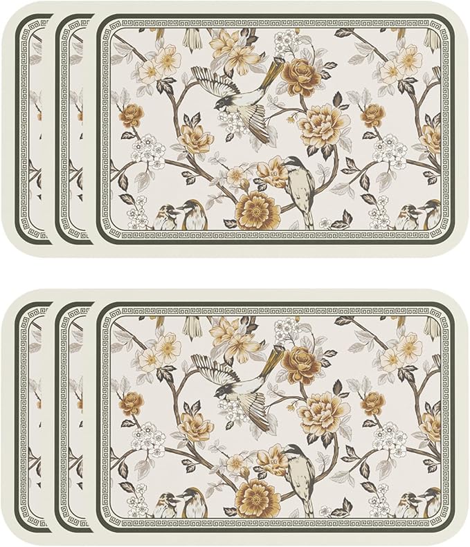 ISAENNE PVC Placemats Set of 6,Rectangular Flower and Bird Print Placemats, Waterproof and Heat-Resistant Place Mats,Decoration for Kitchen, Dining, Parties, Holiday,12"*17"