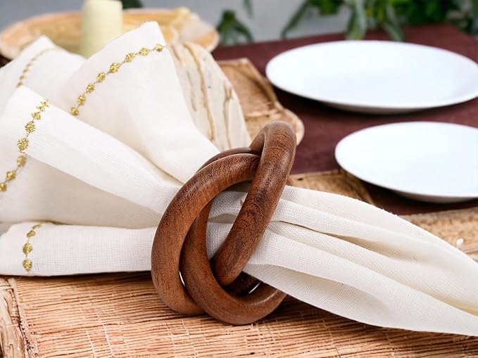 ALPHA Living HOME Wooden Napkin Rings Set of 12 - Handmade Mango Wood Napkin Holders - Rustic Serviette Rings for Dining Table, Wedding, Party & Holiday Decor - Elegant Tabletop Accessory (Brown)