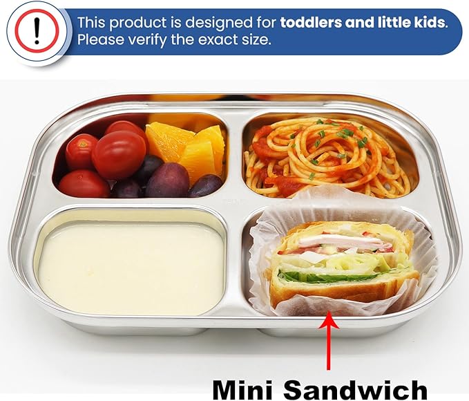 Korean Stainless Steel Divided Plates for Toddlers, Kids, Babies, Premium 304, Electro-Polished, No Black Residue, BPA-Free, 4-Compartment Food Tray, Camping, Balanced Meals, Set of 2