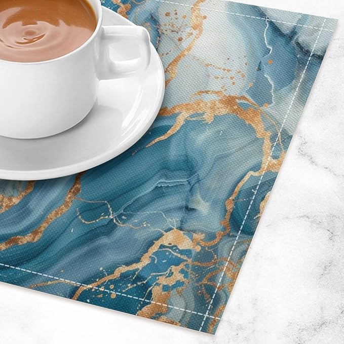 Marble Linen Placemats Set of 2, Modern Abstract Foil Stone Texture Gold Blue Marble 12x17 Inch Washable Table Mats Non Slip Placemats for Wedding Party Kitchen Banquets Dining Decoration