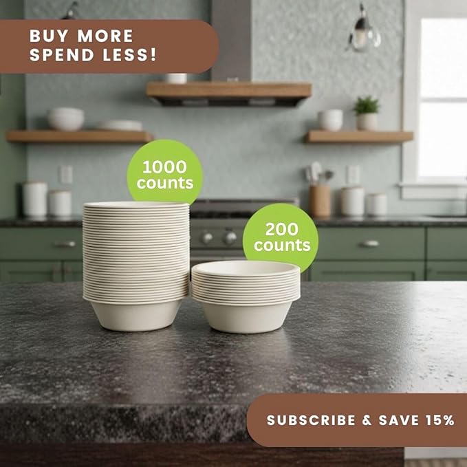 8oz Compostable Paper Bowls, Heavy-Duty Eco-Friendly Bagasse Bowl, Biodegradable & Heat-Resistant for Hot & Cold Foods, Soups, Dessert, Salads, Ice Cream, Pasta, Snacks, 200 Pack