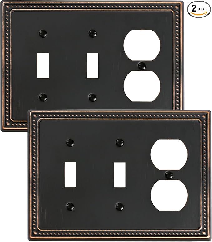 2-Pack Combo Duplex/Double Toggle Light Switch Cover Plate, Aged Bronze Pearls Decorative Switch Plates and Outlet Covers, Metal Wall Plates for Electrical Outlets