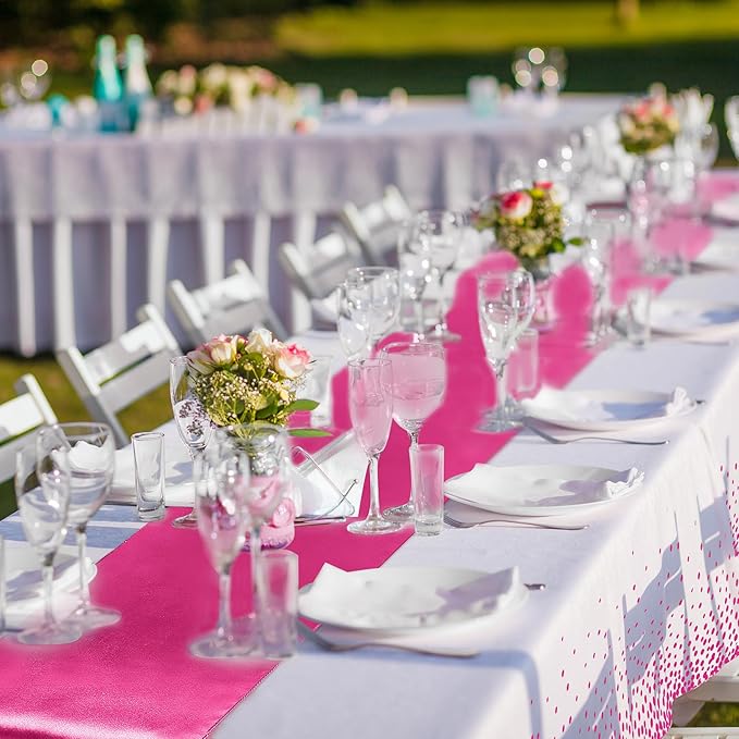 Breling 8 Pack White and Hot Pink Disposable Plastic Tablecloths and Satin Table Runner Set, 54 x 108 Inch Tablecloth, 12 x 108 Inch Table Runners for Birthday Baby Shower Wedding Graduation