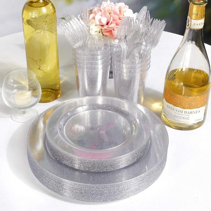 WDF 120PCS Silver Plastic Plates- Disposable Silver Glitter Plates, Premium Heavy Duty 60-10.25" Dinner Plates and 60-7.5" Salad Plates for Parties Wedding Valentine's Day