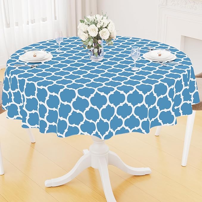 Smiry Round Plastic Table Cloth, Waterproof Vinyl Tablecloth with Flannel Backing for Round Tables, Wipeable Spillproof Tablecloths for Dining, Camping, Indoor and Outdoor (60" Round, Light Blue)