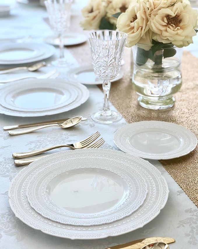 " OCCASIONS " 80 Plates Pack,(40 Guests) Extra Heavyweight Vintage Wedding Disposable/Reusable Plastic Plates 40 x 11'' Dinner + 40 x 8.25'' Salad/Dessert Plate (Chateau White)