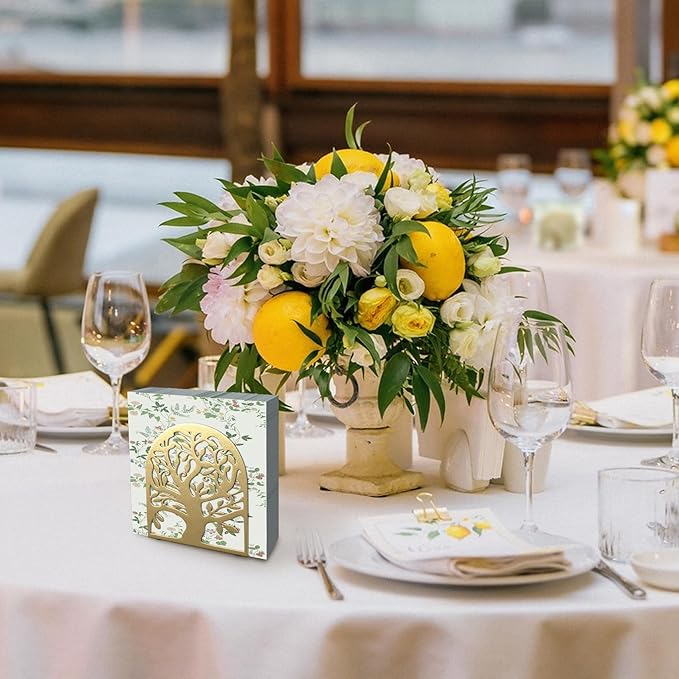 Tree of Life Gold Metal Napkin Holder, Upright Metal Tabletop Napkin Holder with Cushioned Base for Kitchen & Dining Table.