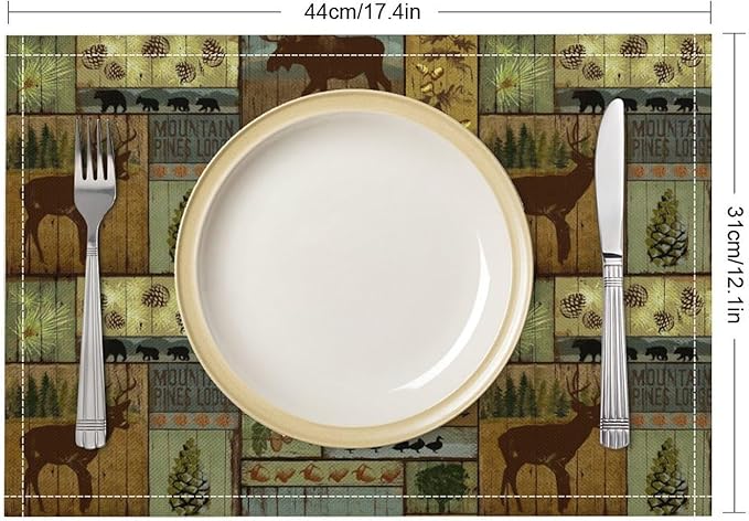 Rustic Bear Deer Placemats Wildlife Moose Forest Animal Cabin Lodge Lake Pine Heat-Resistant Linen Table Place Mats for Dining Kitchen Country Camp Style Farmhouse Decor 12x18 in 6 PCS