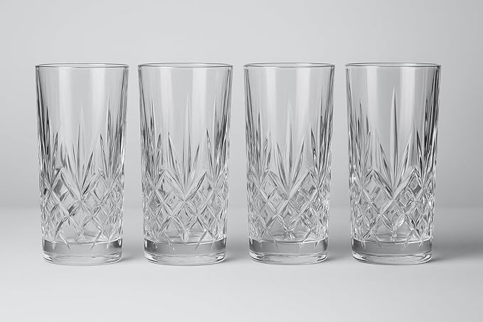 Crystal-Style Highball Glasses, Clear Cut Glass, 12.3 oz Capacity, Diamond Pattern, Cocktail Drinking Tumblers, Set of 4