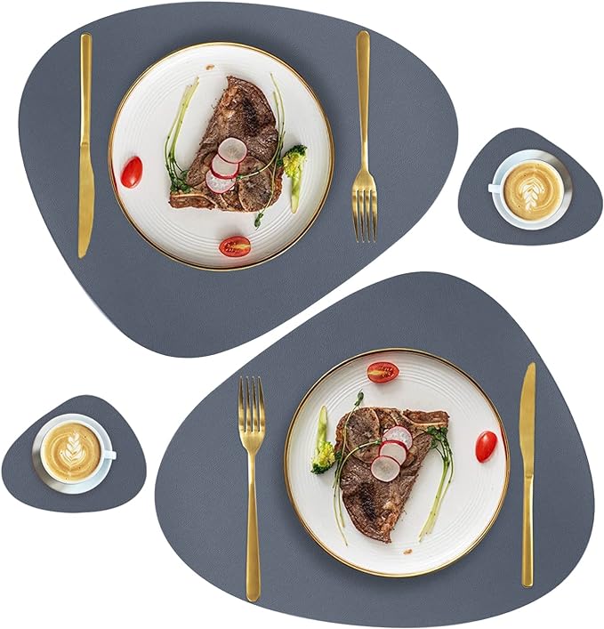 Faux Leather Placemats and Coasters Set, Round Leather for Dinner Table Mats Heat Resistant Non-Slip Washable Insulation Coffee Mats Kitchen Place Mats Nordic Style (Navy Gray, 2 Placemats+2 Coasters)