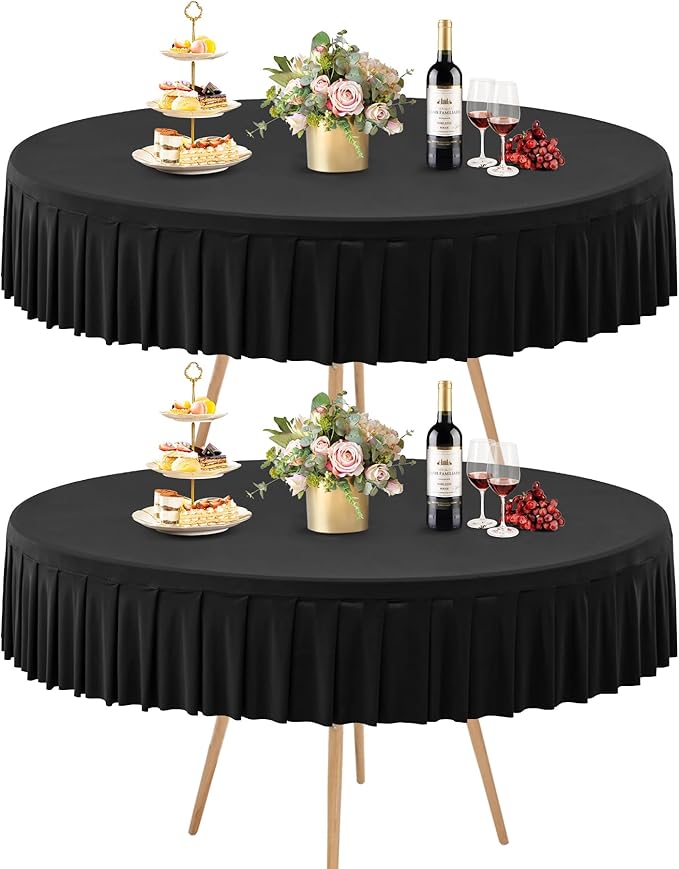 2 Pack Black Spandex Round Tablecloths for 72in Table, Stretchy Fitted 6FT Round Table Cloths, Wrinkle Free Table Cover with Skirt for Wedding Birthday Party Bridal Shower Banquet