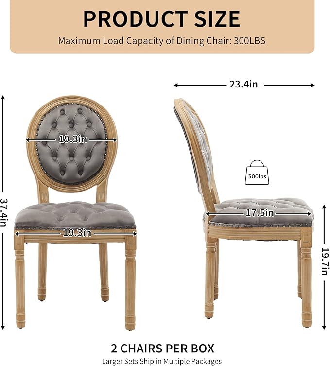 Vintage French Dining Chairs Set of 2, Round Back Velvet Upholstered Accent Chairs with Nailhead Trim and Solid Wood Frame, Elegant Sillas de Comedor for Dining Room & Kitchen, Gray