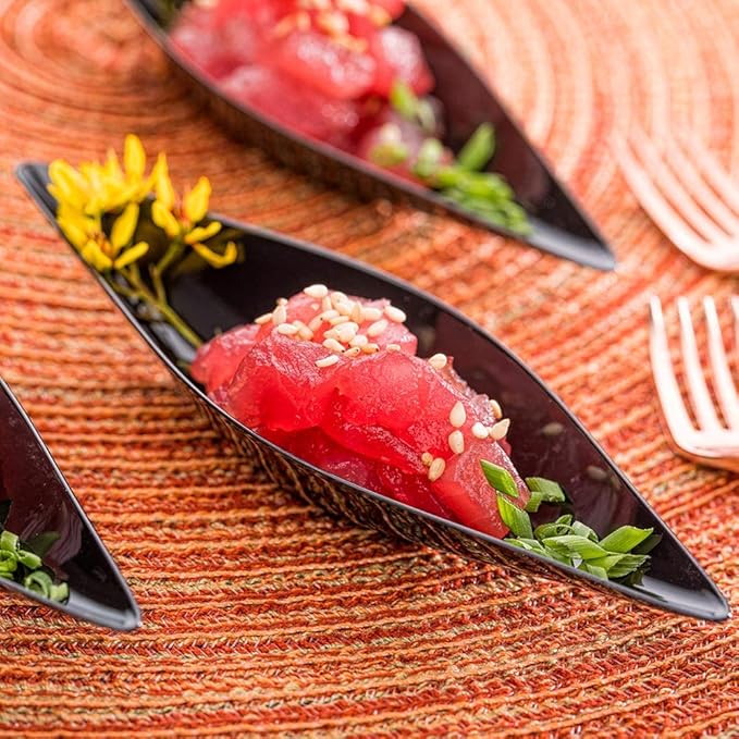 Restaurantware 1 Ounce Dipping Sauce Bowls 100 Disposable Dipping Sauce Dishes - Canoe Shaped Unique Design Black Plastic Small Dishes For Dips Appetizers Desserts Or Samples