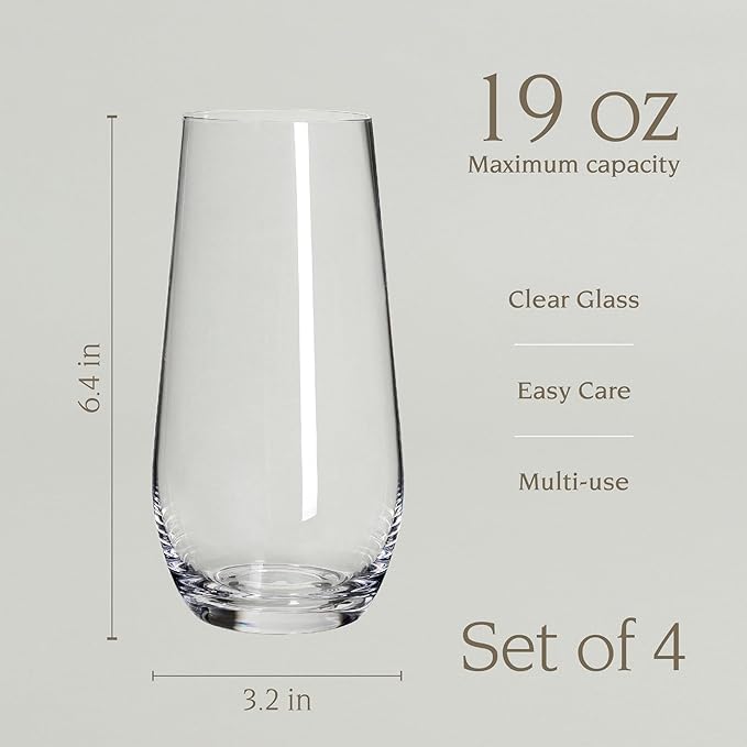over&back 19oz Traditional Glassware - Set of 4 Classic Stemless Drinking Glasses for Parties, Get-togethers, and More - Mouth-Blown - Wine Cups for Kitchen and Dining Room - Clear