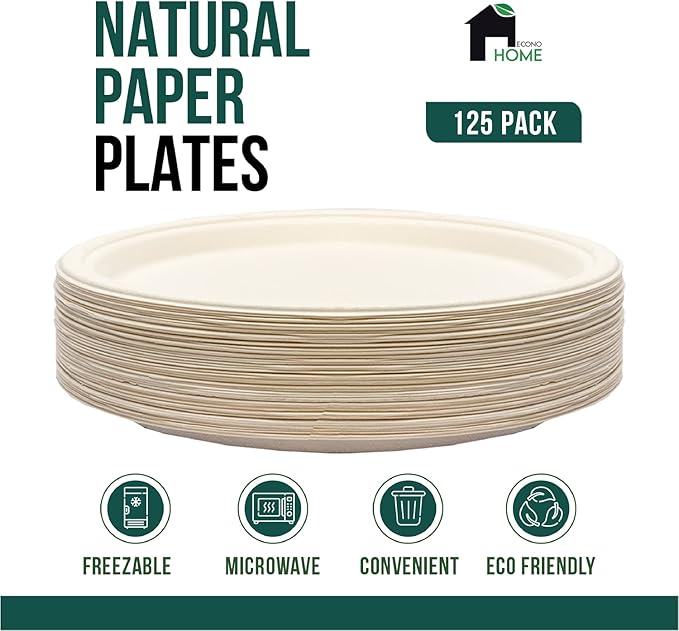 EconoHome 10 Inch Compostable Paper Plates [125-Pack] - Eco-Conscious Disposable Plates Made of Bagasse or Sugarcane Fiber - Microwave, Refrigerator-Safe - Heavy Duty Paper Plates for Dinner